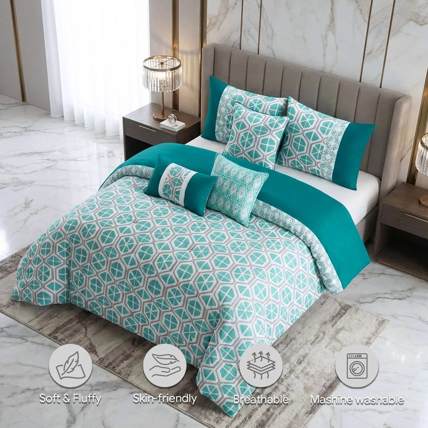 Stylish room setup featuring Queen/King Polyester 6-Piece Comforter Set with Green Floral design from HomelyOasis