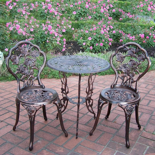 Overview of the stylish garden setup with the 3-Piece Weather-Resistant Cast Aluminum Bistro Set, an elegant outdoor bistro set for outdoor dining.
