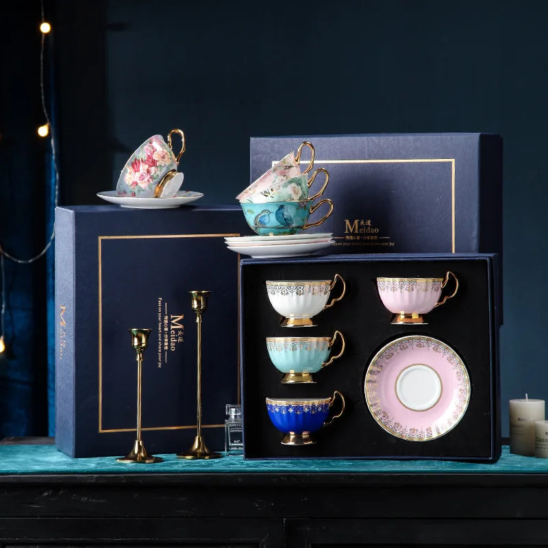 Close-up of one beautiful style from the Luxurious European Bone China Coffee & Tea Set Gift Box, showcasing the intricate design of the cups and saucers. A stunning European bone china coffee set.