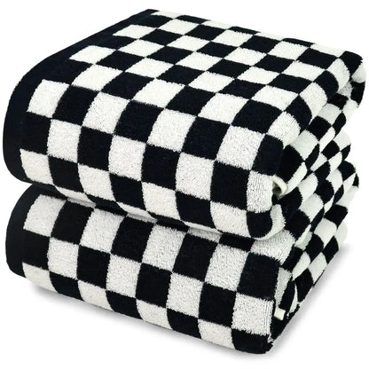 Luxurious Ultra Soft Black and White Checkered Cotton Bath Towel Set of 2