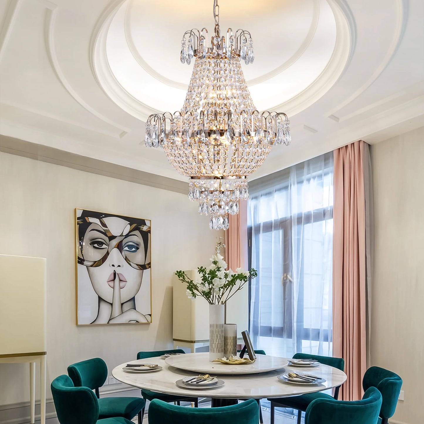 Gold K9 Crystal Chandelier with 7 lights illuminating a stylish living room, highlighting luxury design.