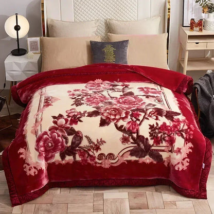 Korean Raschel 2-Ply Heavy Fleece Blanket, 78x90 Queen Size Reversible Geometric Plush Blanket featuring a gray floral border design; reversible geometric blanket with soft fleece warmth.