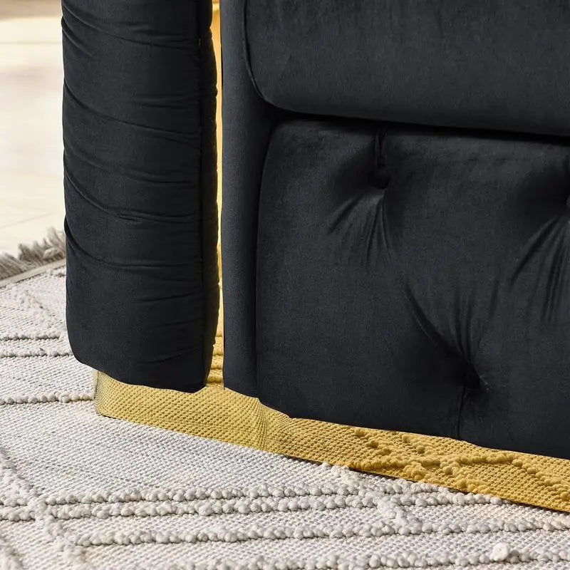 Luxury Black Velvet Button Tufted Sofa w/Gold Stainless Steel Accents