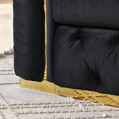 Luxury Black Velvet Button Tufted Sofa w/Gold Stainless Steel Accents