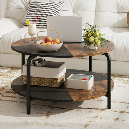 31.5-Inch 2-Tier Round Coffee Table with Storage Shelf, perfect for modern living rooms, featuring a stylish two-tone design.
