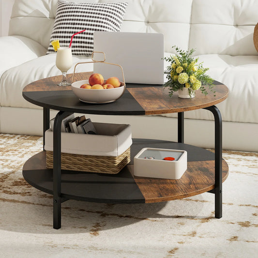 31.5-Inch 2-Tier Round Coffee Table with Storage Shelf, perfect for modern living rooms, featuring a stylish two-tone design.