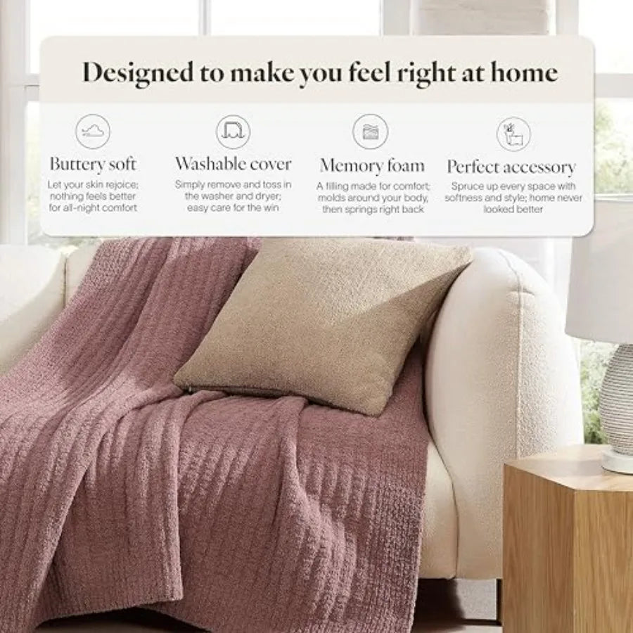 Snug Memory Foam Throw Pillow 20x20 placed on a cozy bed, adding a decorative touch.