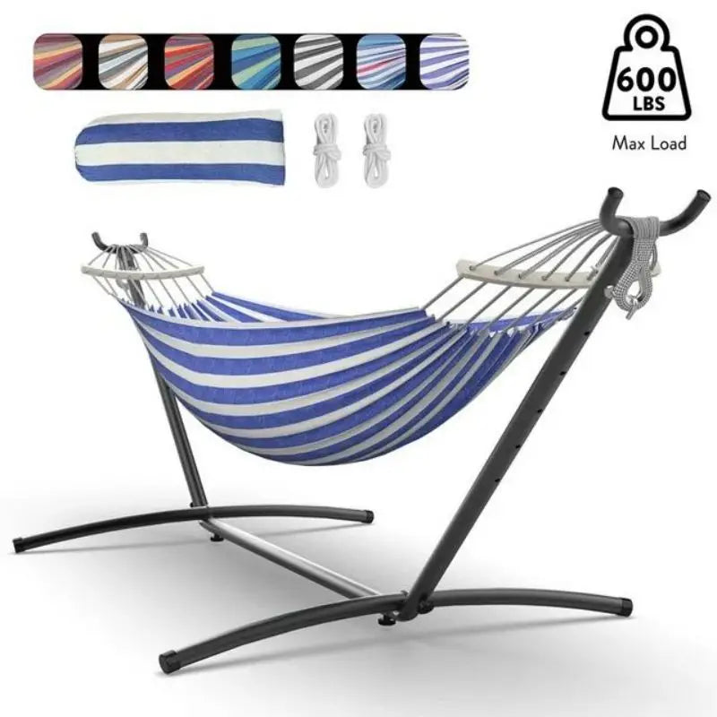 Cotton Double Hammock with Stand – perfect for a relaxing backyard experience, emphasizing the hammock's 600 lb capacity for outdoor fun.