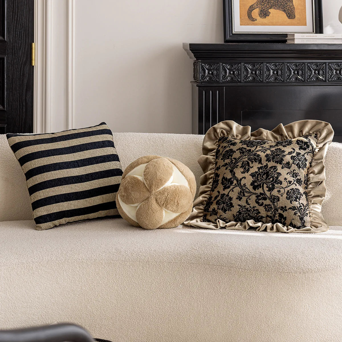 French Style Luxury Throw Pillow Cover - Black Floral Damask on Gold with Ruffled Edge, french style pillow cover with pleated ruffle trim