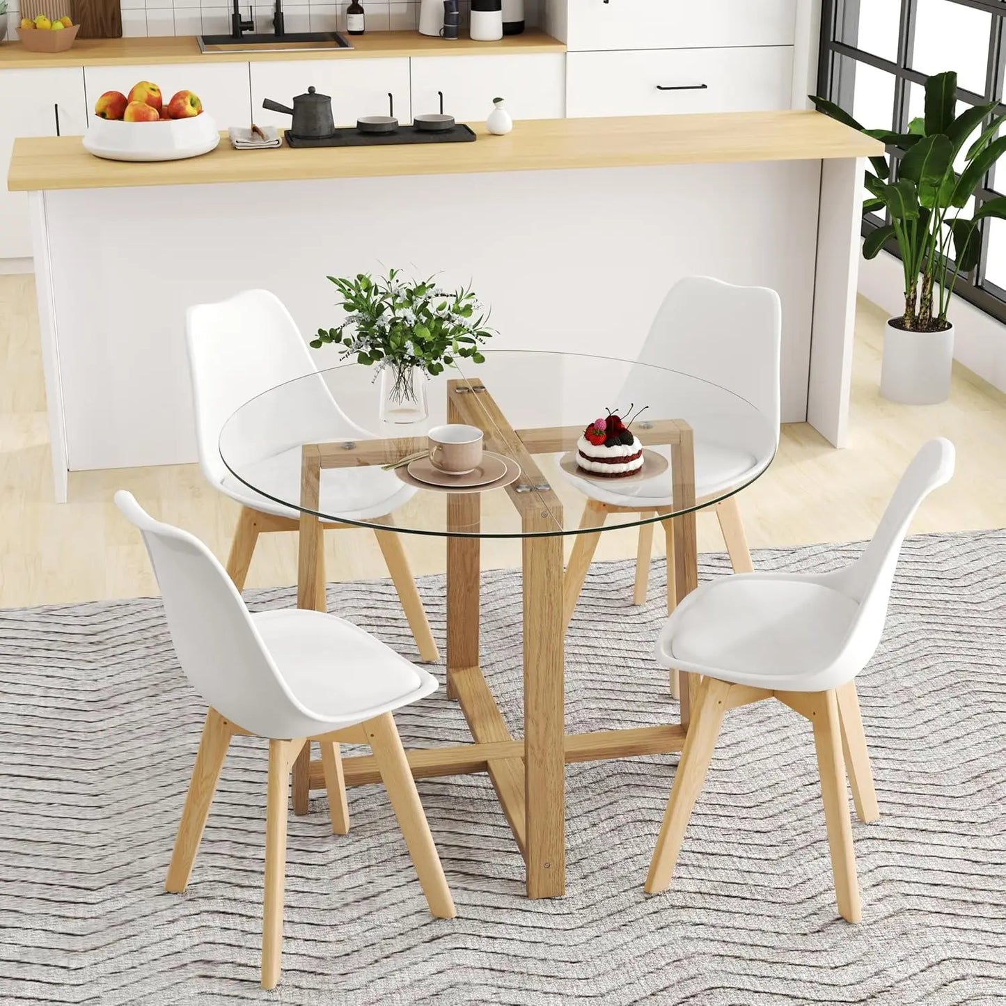 Modern 42” Round Glass Dining Table Set with Padded Chairs – Stylish Seating for 4–6 showcasing the sleek tempered glass top and natural wood legs.