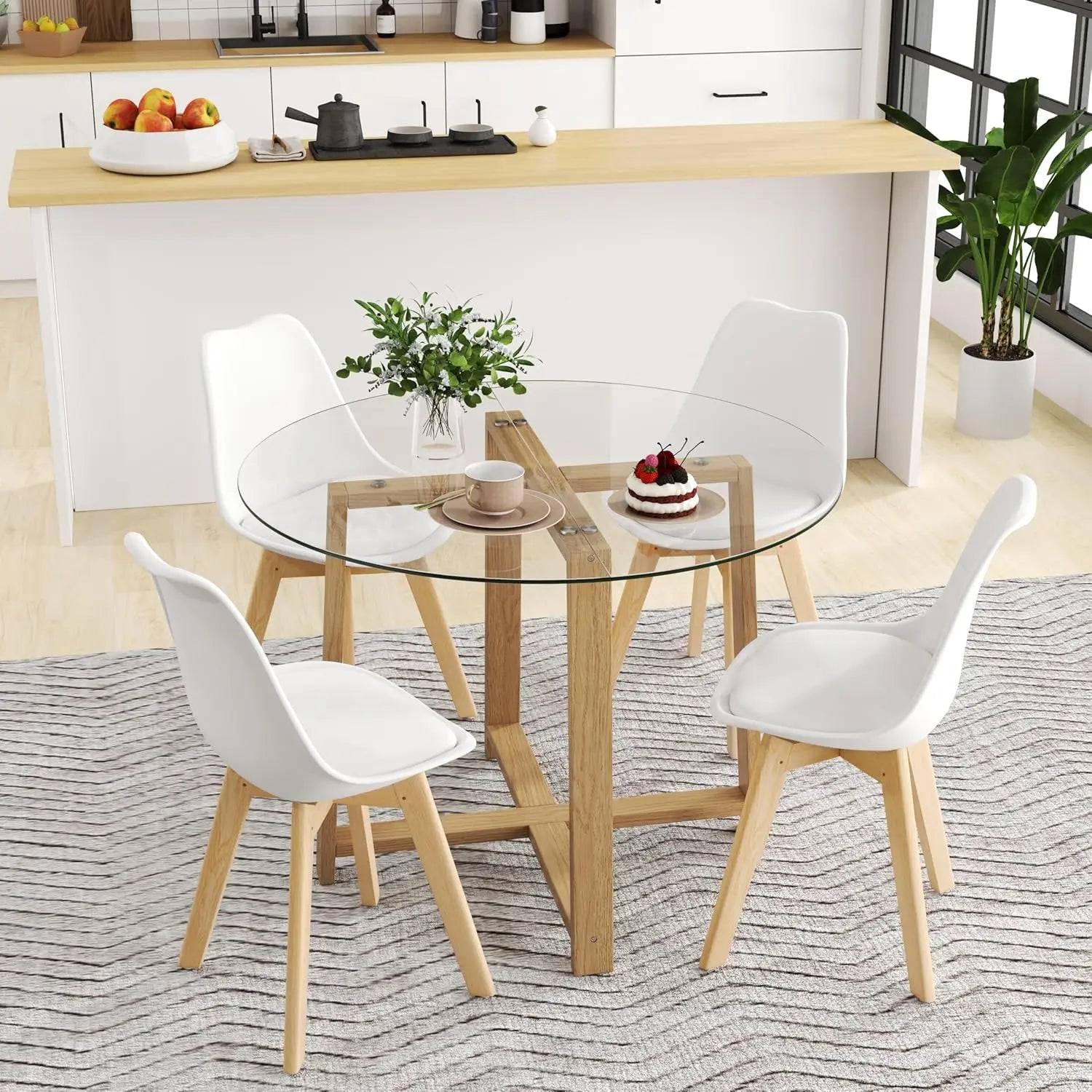 Modern 42” Round Glass Dining Table Set with Padded Chairs – Stylish Seating for 4–6 showcasing the sleek tempered glass top and natural wood legs.