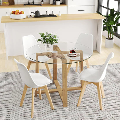 Modern 42” Round Glass Dining Table Set with Padded Chairs – Stylish Seating for 4–6 showcasing the sleek tempered glass top and natural wood legs.