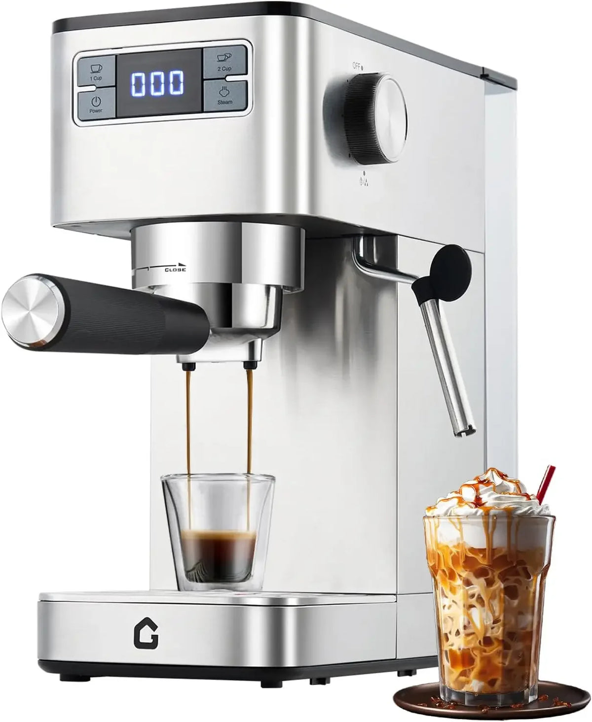 Garvee Espresso Machine 20 Bar with Milk Frother - Stainless Steel 1350W Espresso Maker - Silver, espresso machine with frother front view