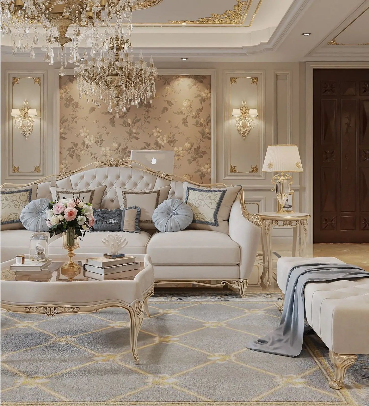 Elegant French Style Solid Wood Living Room Furniture in a warm setting, perfect for comfortable relaxation and gatherings.