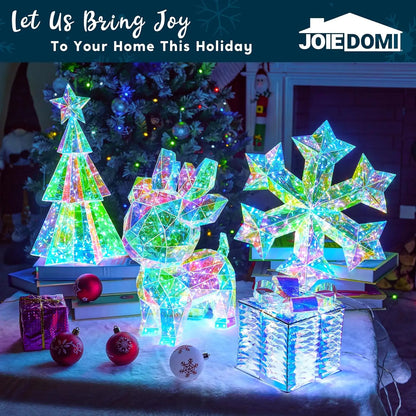 Unique 3D Iridescent Snowflake Ornament with 100 LED Cool White Lights - A festive display featuring a 3D snowflake ornament alongside holiday decorations.