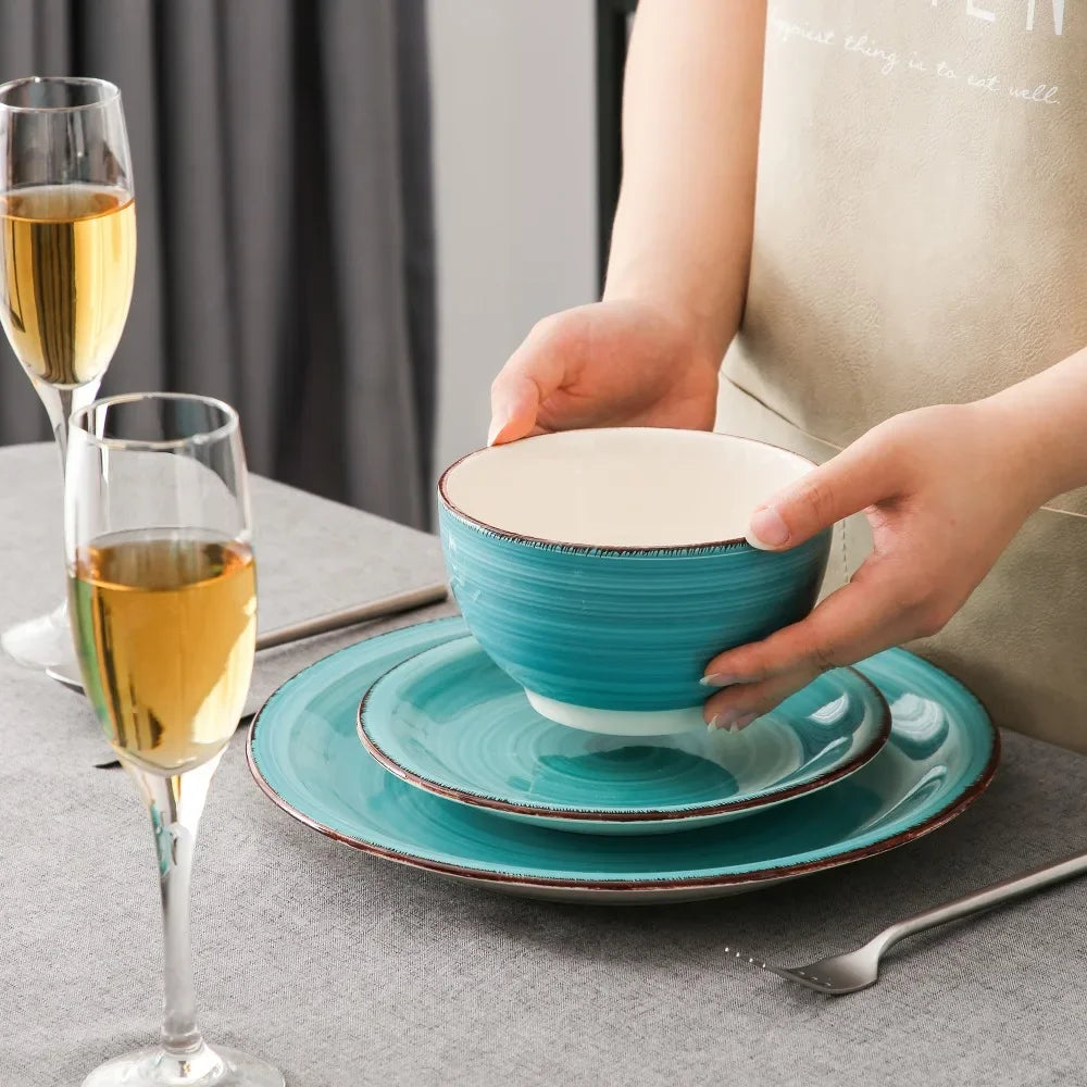 16-Piece Vintage Turquoise Ceramic Dinnerware Set