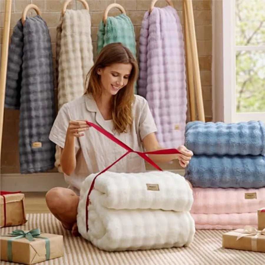 50x60 Off-White 3D Fleece Bubble Throw Blanket folded for stylish home décor