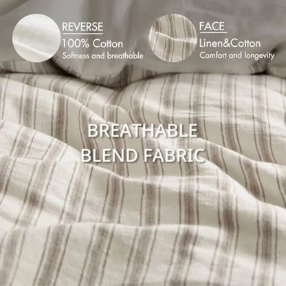 Lifestyle shot of a serene bedroom featuring the Luxury Linen Blend Striped Duvet Cover Set, emphasizing the breathable comfort and timeless elegance.
