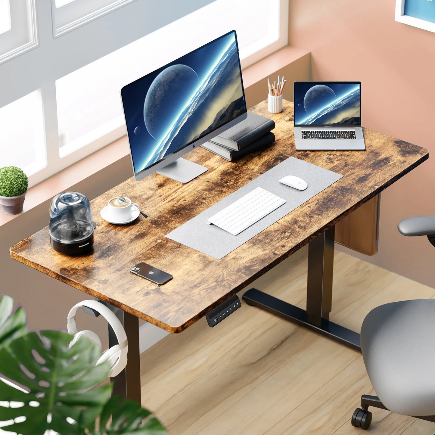 Electric Standing Desk with Memory Presets showing adjustable height for ergonomic comfort in a home office.