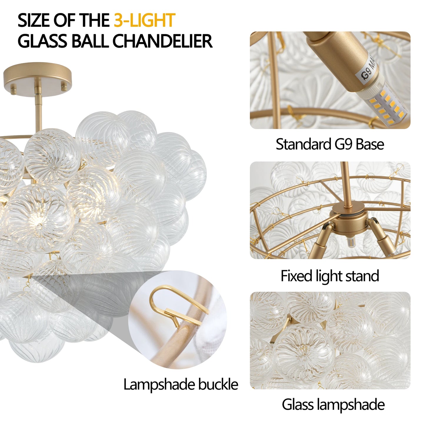 Golden Ceiling Pendant Light Chandelier w/Threaded Clear Glass Globe Shade