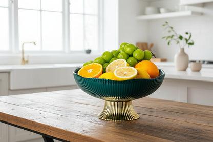 Luxury Green Ceramic Pedestal Fruit Bowl with Gold Base – Elegant 10” Decorative Centerpiece on a beautifully set dining table, elevating the overall decor.