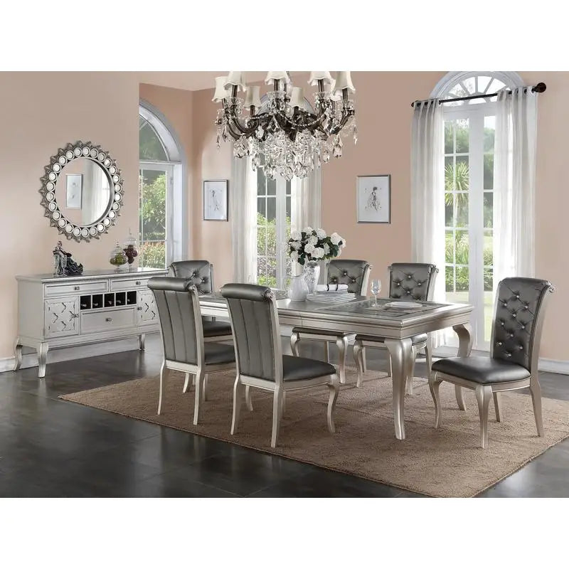 Italian Inspired 7-Piece Silver Glass Tabletop Dining Table Set w/ 6 Tufted Side Chairs 