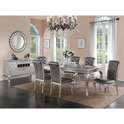 Italian Inspired 7-Piece Silver Glass Tabletop Dining Table Set w/ 6 Tufted Side Chairs 