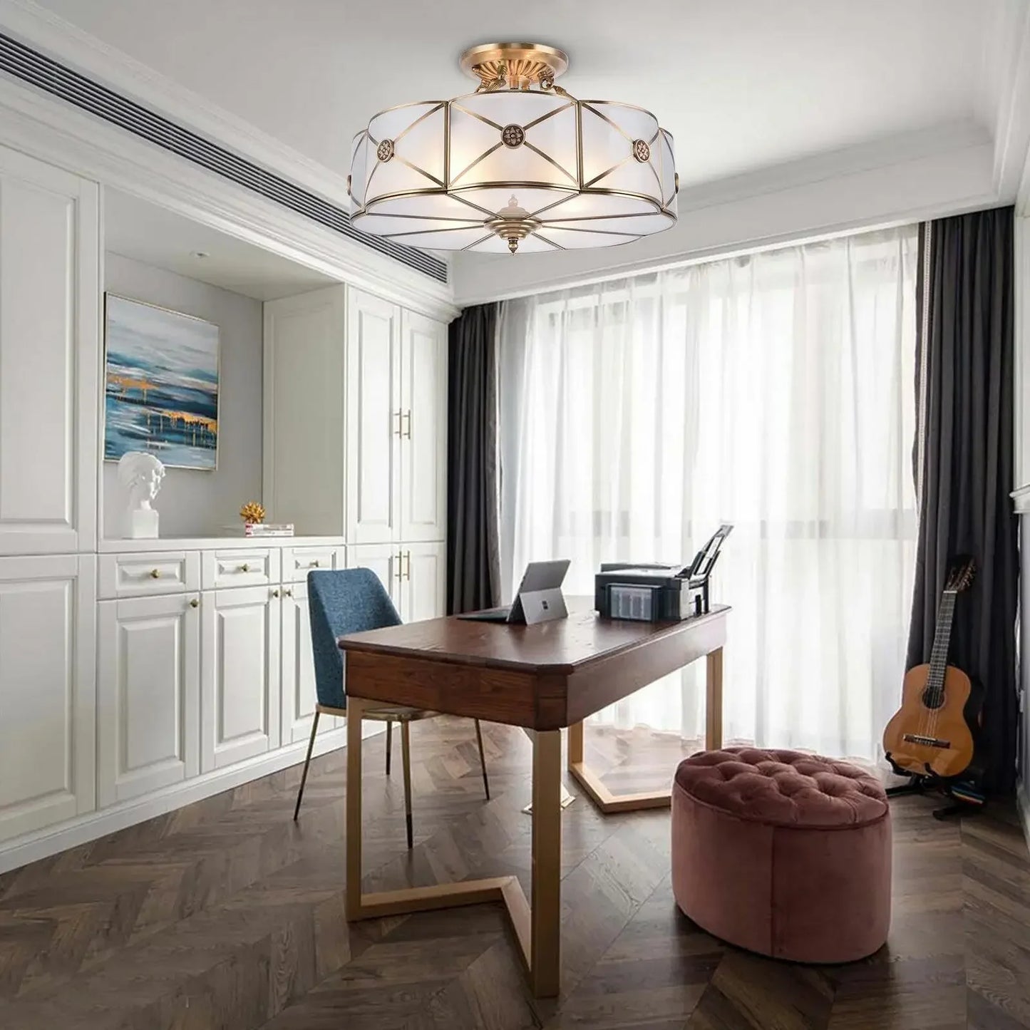 Luxury Hanging Pendant Chandelier w/Handmade Glass Lampshade