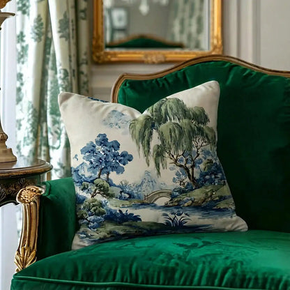 Green Willow Chinoiserie Scenic Landscape Pillow Cover in Blue and Green, Polyester Throw Pillow Case with Hidden Zipper, detailed botanical print on chinoiserie pillow cover