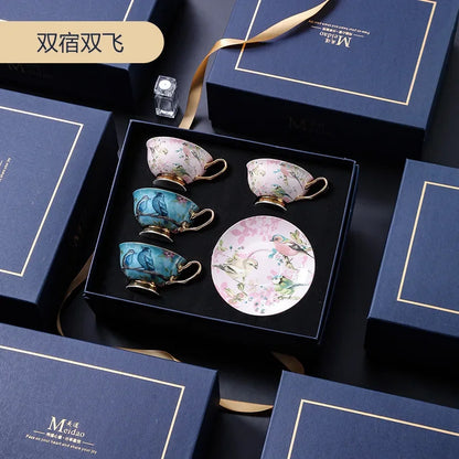 Luxurious presentation of the European Bone China Coffee & Tea Set, packed beautifully in a gift box, making it an excellent gift choice for special occasions.