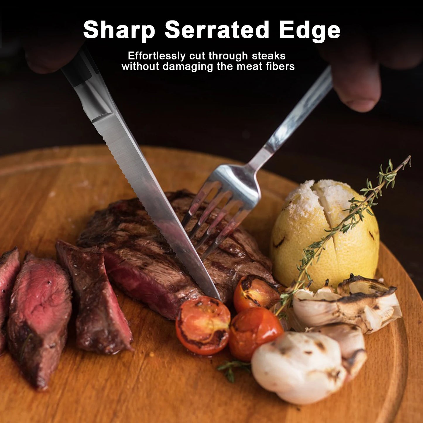 6-Piece German Stainless Steel Serrated Steak Knife Set with sharp serrated blades for smooth steak slicing