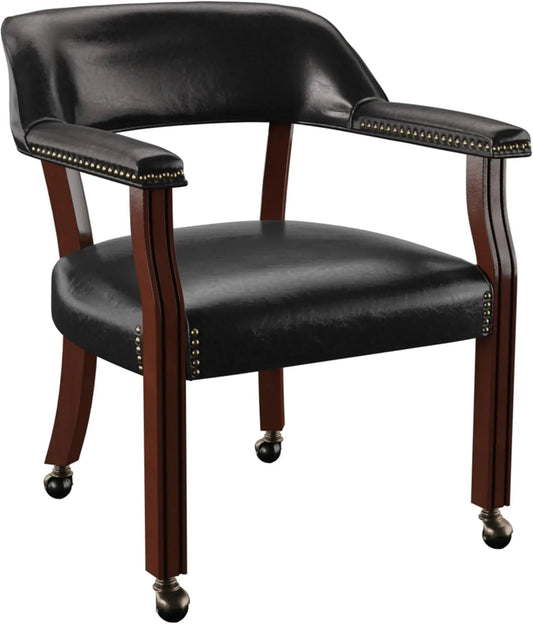 Upholstered Solid Black Arm Dining Chair w/Casters & Nailhead Trim