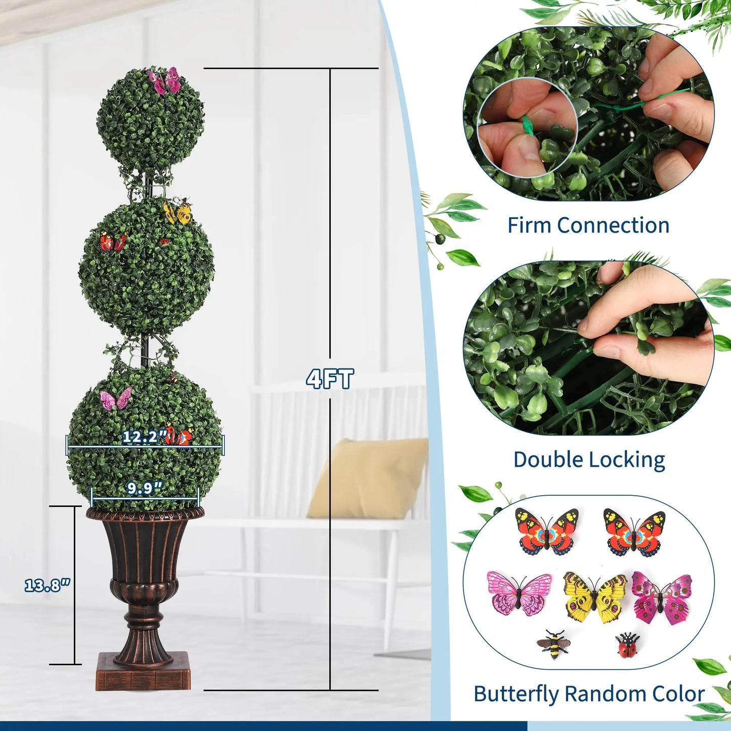 4' Artificial Triple-ball Topiary Tree w/Butterly Decoration