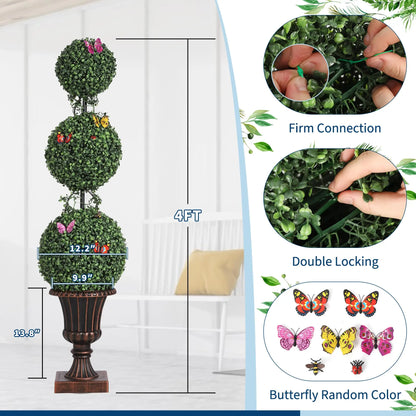 4' Artificial Triple-ball Topiary Tree w/Butterly Decoration