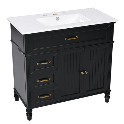 Freestanding 36" Black  Bathroom Vanity w/Retro Gold Handles & Ceramic Sink