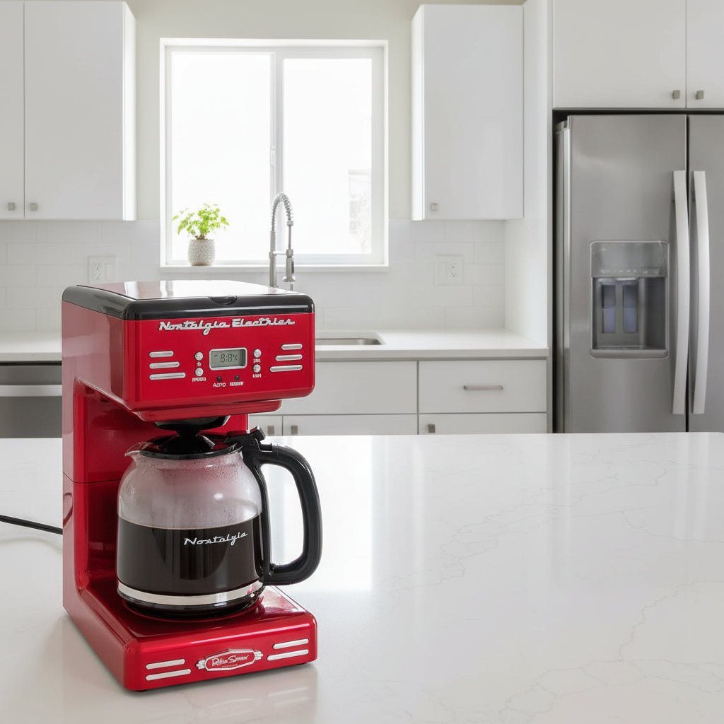 Red Retro 12-Cup Programmable Coffee Maker with LED display showcasing stylish design and features.