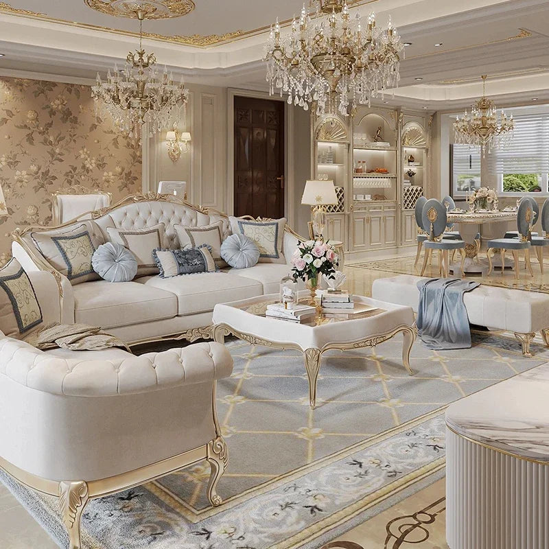Close-up of the Elegant French Style Solid Wood Living Room Furniture in Beige/Taupe and Gold, highlighting the intricate gold detailing.