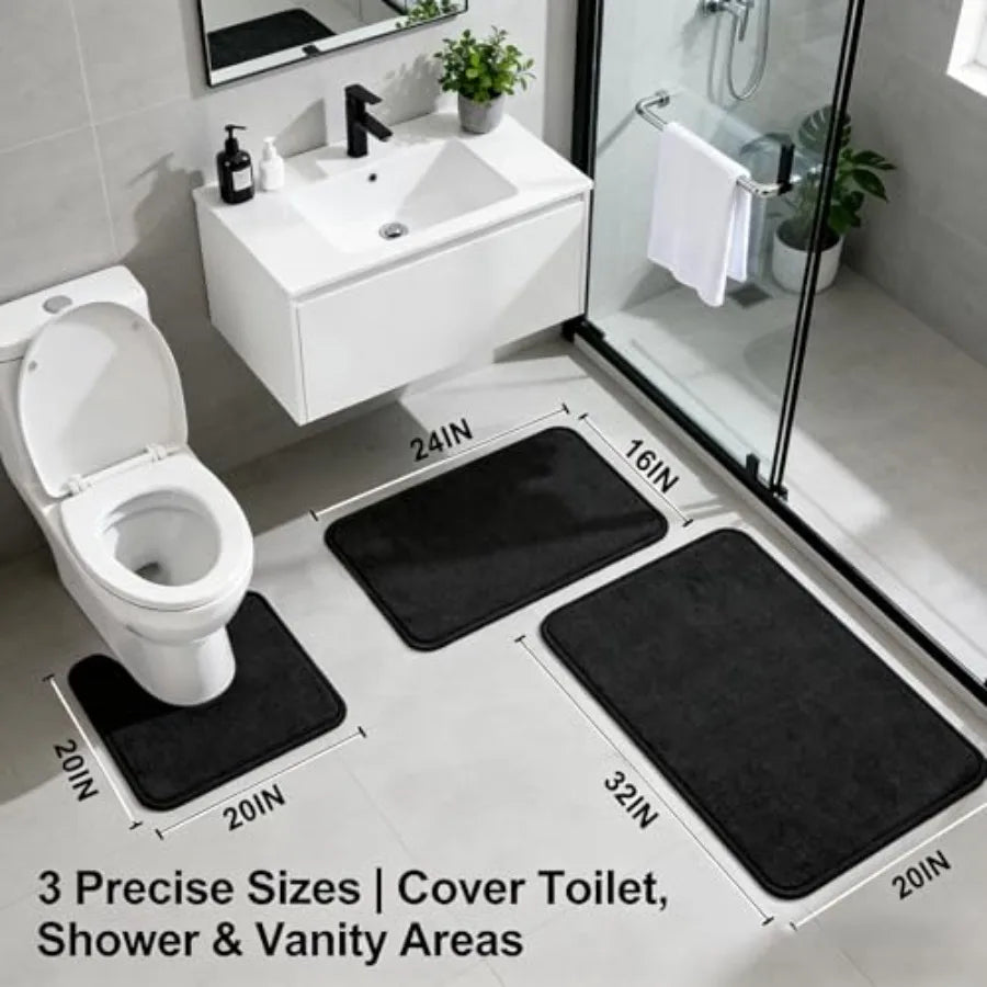 Overview of the 3-Piece Memory Foam Bathroom Rug Set in Black, featuring the large, small, and U-shaped contour rugs.