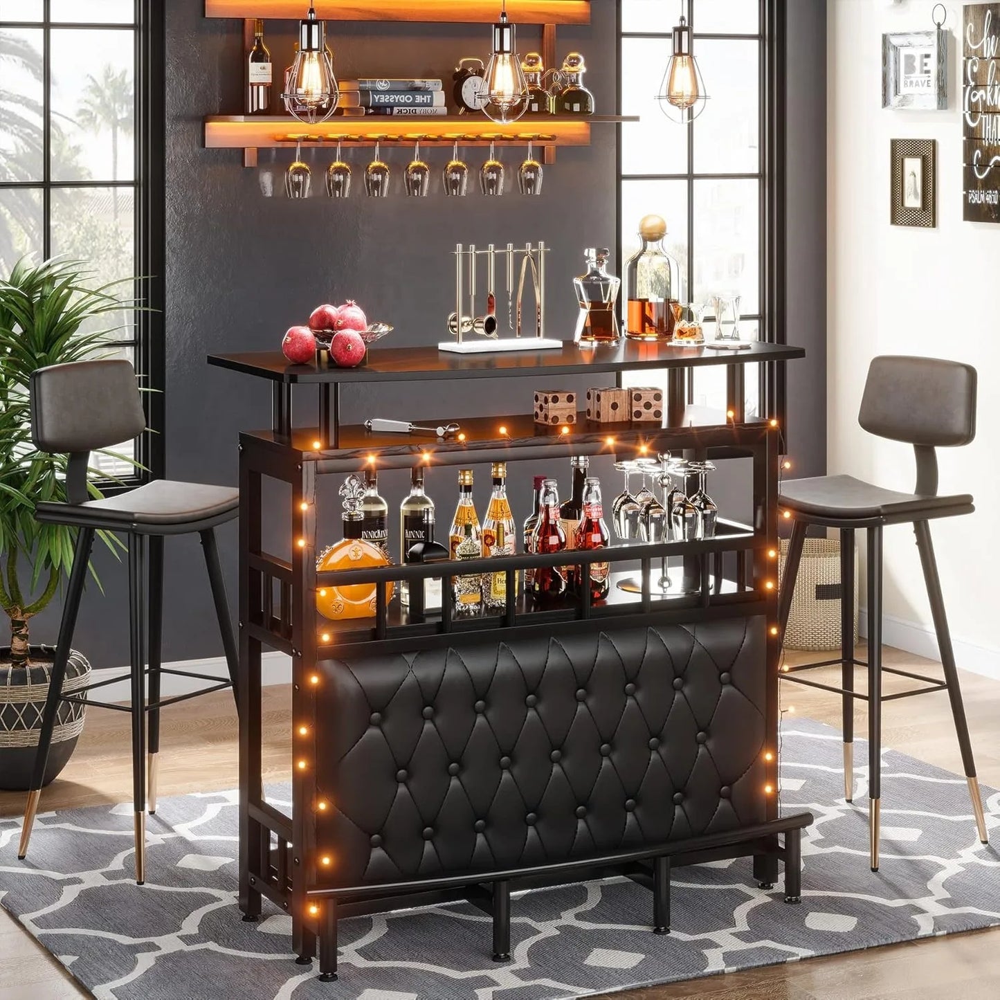Upholstered Black Bar Table Unit for Home Liquor 