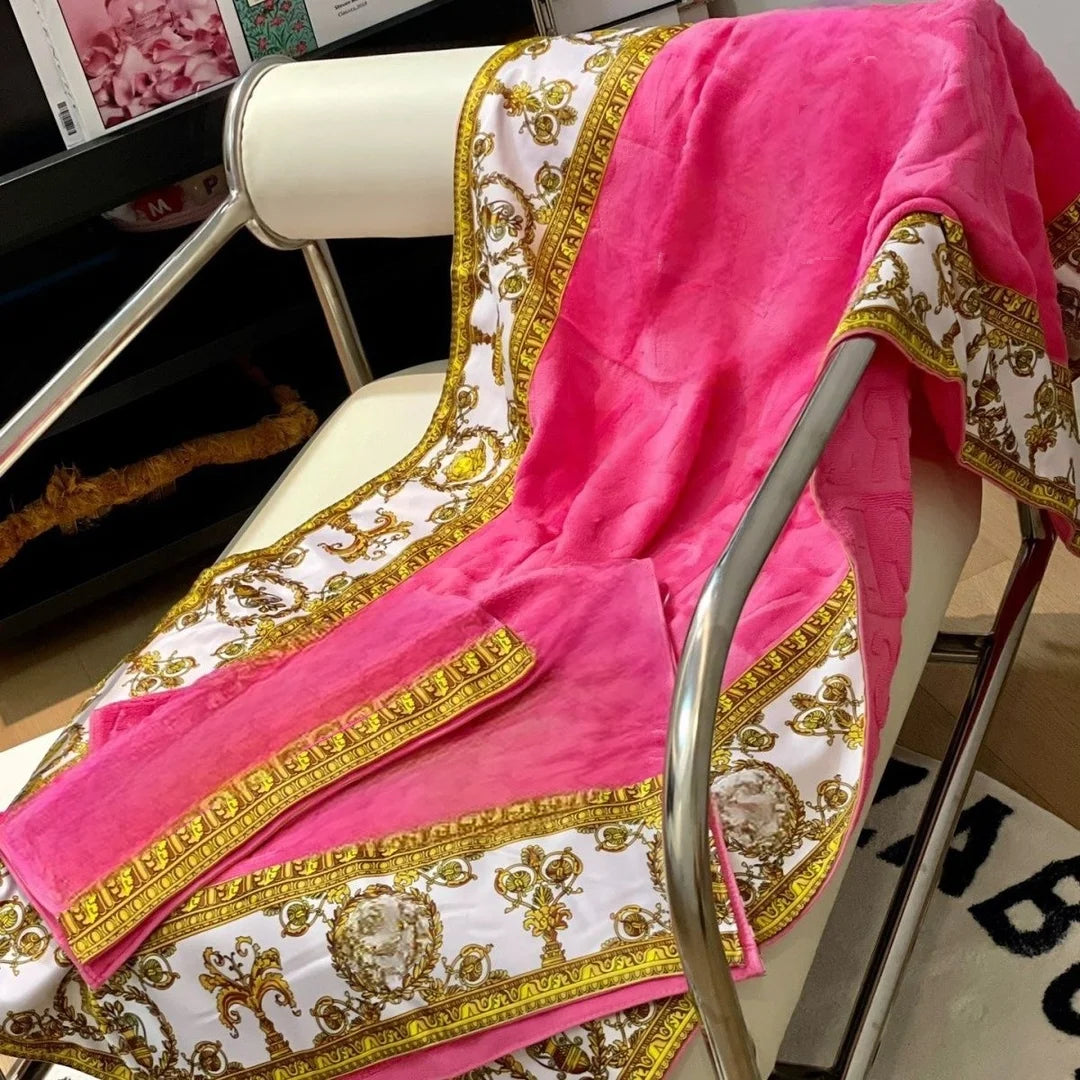 Premium 3-Piece 100% Cotton Bath Towel Set w/a Vintage Baroque Print Border