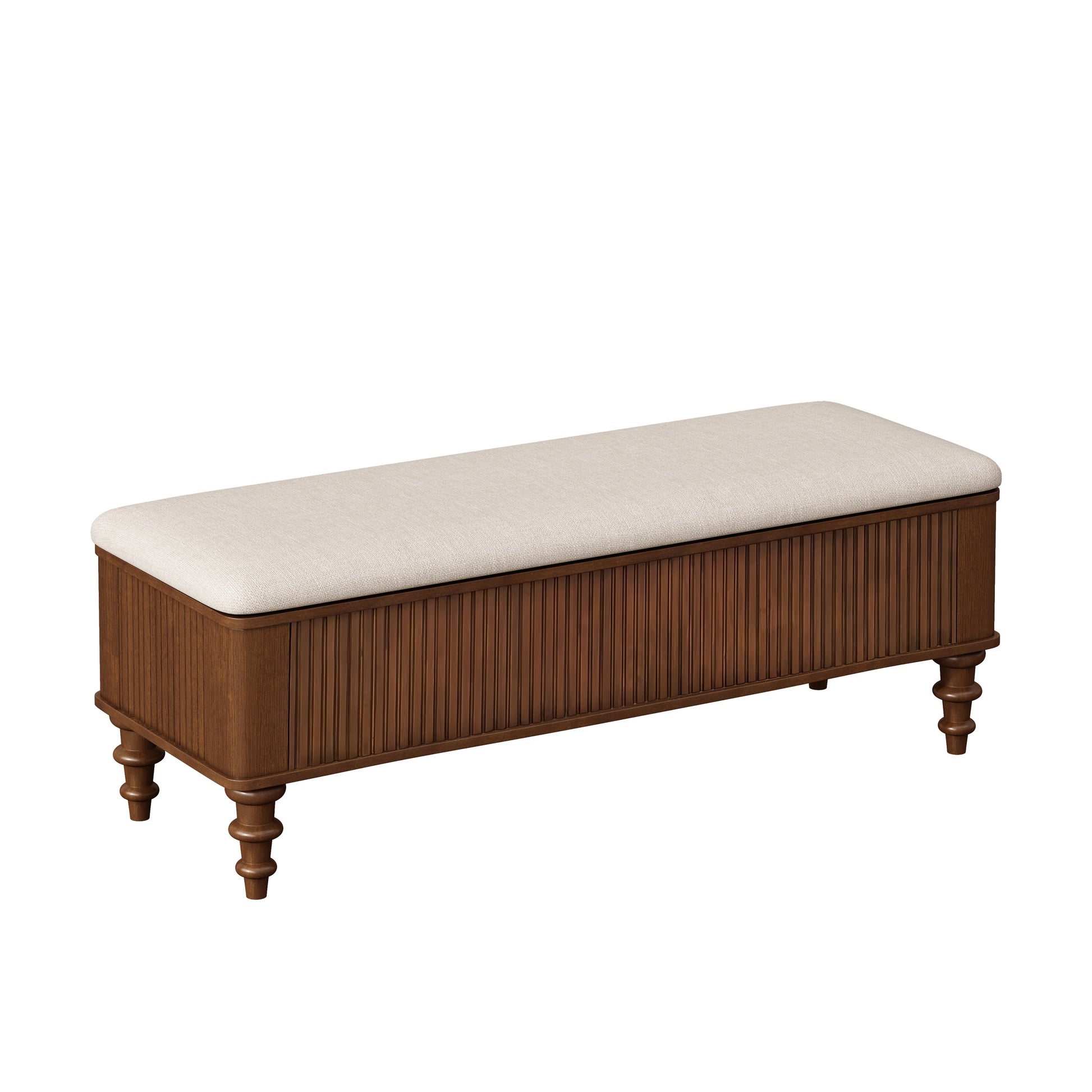 Side view of the 50.8” Linen Storage Ottoman Bench showcasing its soft linen upholstery - a chic storage ottoman bench for organization.