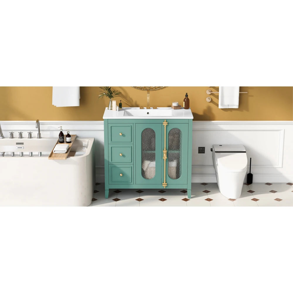Modern 36" Double Glass Door Bathroom Cabinet w/Undermount Ceramic Sink