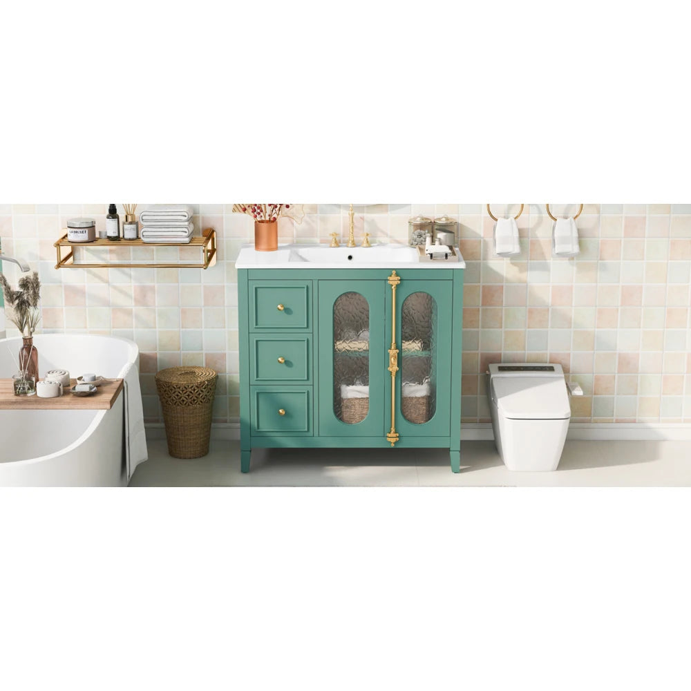 Modern 36" Double Glass Door Bathroom Cabinet w/Undermount Ceramic Sink