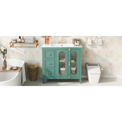 Modern 36" Double Glass Door Bathroom Cabinet w/Undermount Ceramic Sink