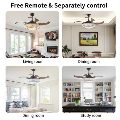 Dimmable chandelier design of the 48” Modern Black Retractable Ceiling Fan with Crystal LED Light.