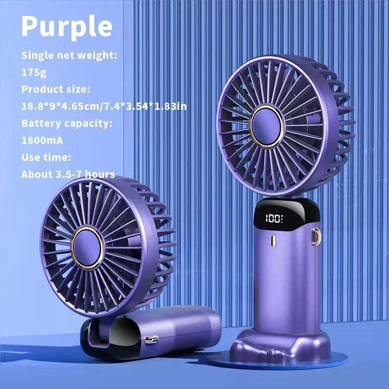 BreezeMate Rechargeable Handheld Mini Fan - LED Digital Display with 5 Speeds - Purple/White, quiet rechargeable handheld fan for office and study