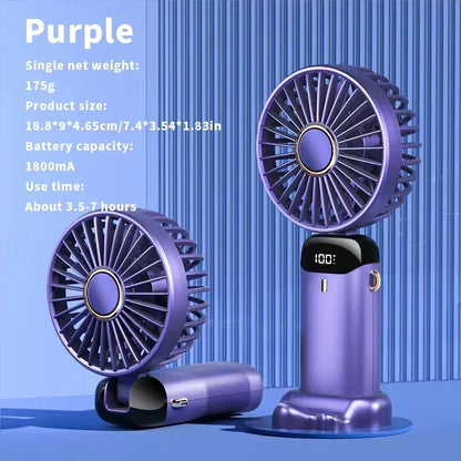 BreezeMate Rechargeable Handheld Mini Fan - LED Digital Display with 5 Speeds - Purple/White, quiet rechargeable handheld fan for office and study