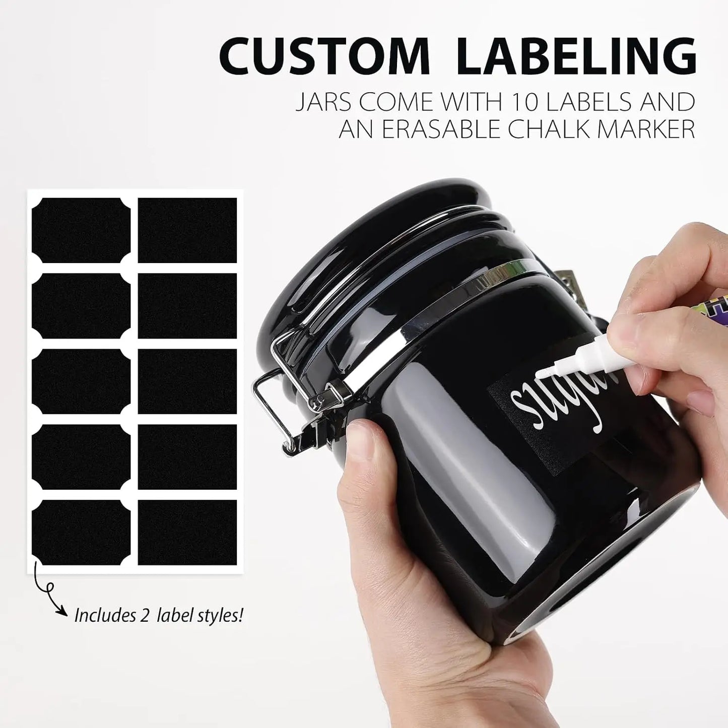 Close-up of the Luxury Black Ceramic Canister Set with Airtight Seal & Wooden Spoons showing the airtight seal and wooden spoons attached.