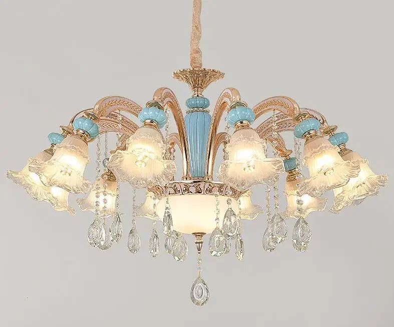 Frosted White Glass Tiffany Blue Floral Chandelier