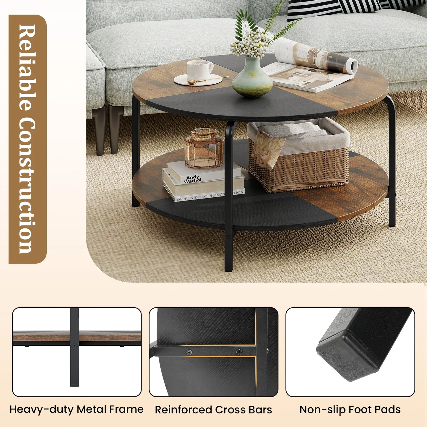 Living room setting featuring the 31.5-Inch 2-Tier Round Coffee Table, styled with candles and a plant for a cozy atmosphere.
